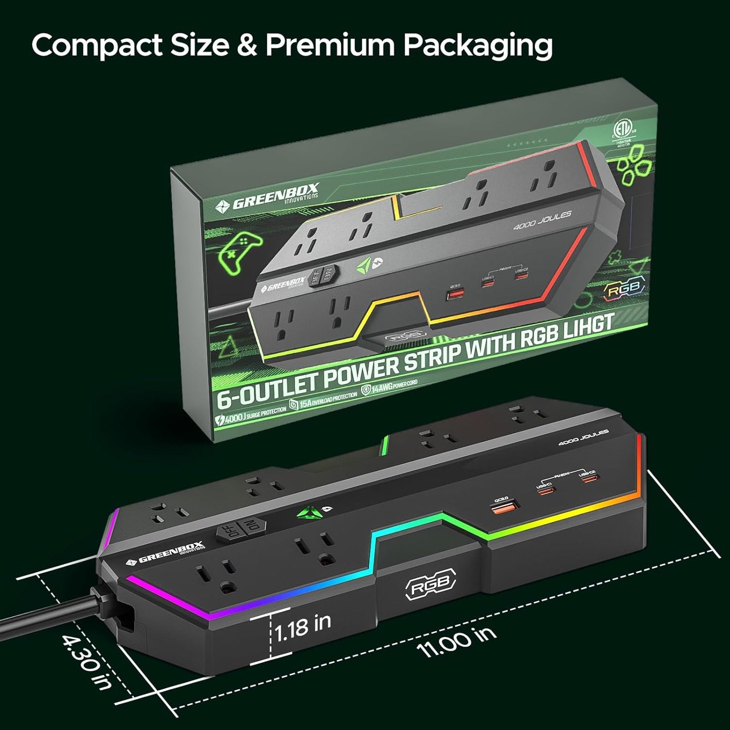 4000J Surge Protector Power Strip with USB Ports | RGB Lighting, PD 20W Fast Charging, 6 Wide-Spaced Outlets, Designed for Gaming PC, E-Sports Setup, Home and Office