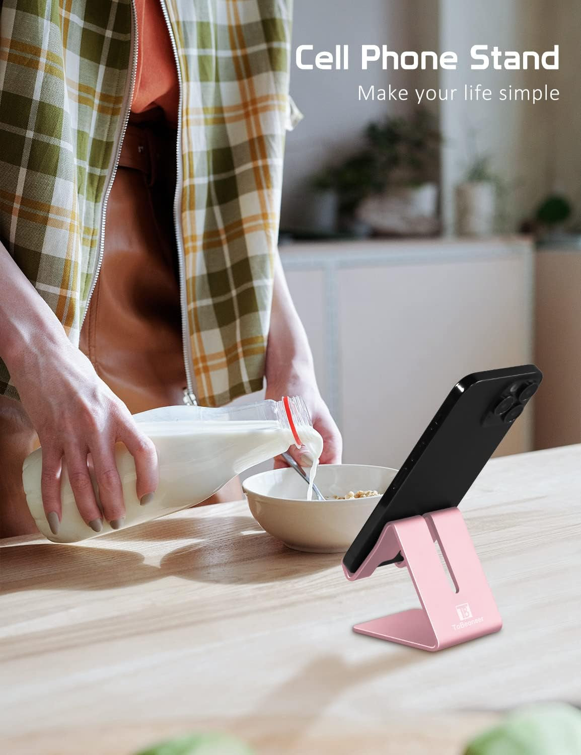 Phone Stand, Aluminum Phone Holder for Iphone 17 16 15 14 13 12 11 X 8 7 6 plus 5, Samsung, Suitable for All Smartphones, Adding a Touch of Style to Your Office Decor, Rose Gold