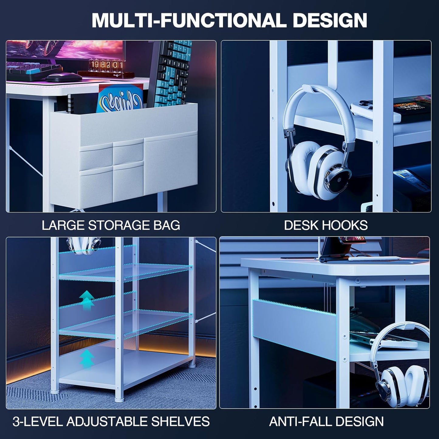 L Shaped Gaming Desk 48 Inch - Computer Corner Desk with Power Outlets, Reversible Shelves & Storage Bag for Home Office, PC Gaming Table, White Carbon