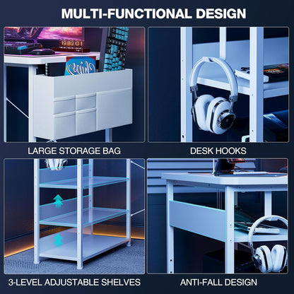 L Shaped Gaming Desk 48 Inch - Computer Corner Desk with Power Outlets, Reversible Shelves & Storage Bag for Home Office, PC Gaming Table, White Carbon