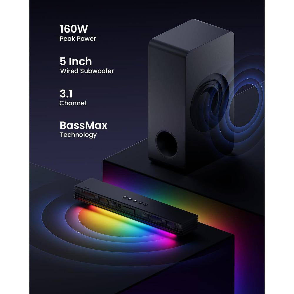 BT 5.3 Sound Bar Sound System with Subwoofer, RGB Light, Audio Sync Surround, HD-ARC/AUX/USB for Smart TV 3. 1CH/PC