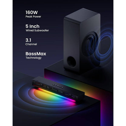 BT 5.3 Sound Bar Sound System with Subwoofer, RGB Light, Audio Sync Surround, HD-ARC/AUX/USB for Smart TV 3. 1CH/PC