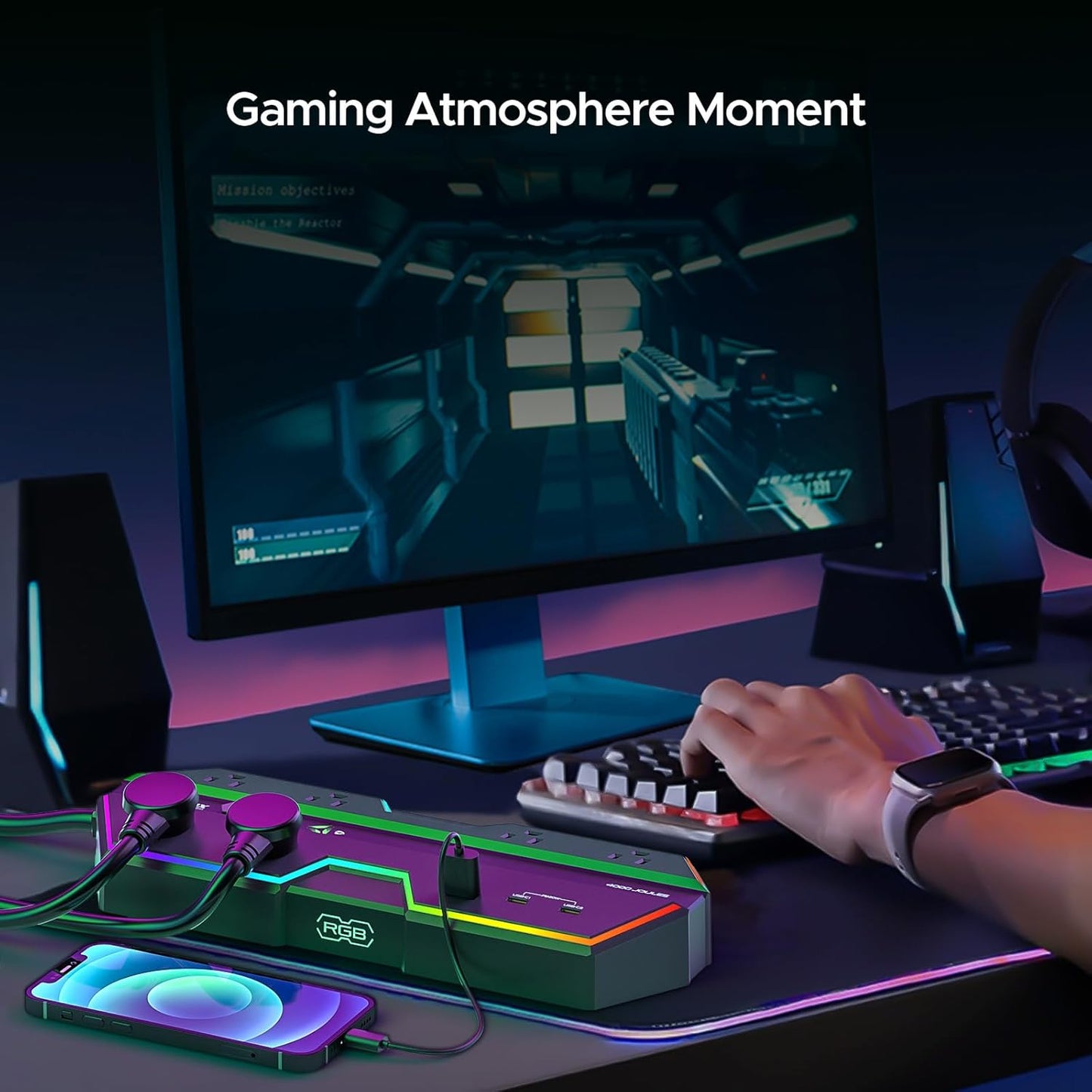 4000J Surge Protector Power Strip with USB Ports | RGB Lighting, PD 20W Fast Charging, 6 Wide-Spaced Outlets, Designed for Gaming PC, E-Sports Setup, Home and Office