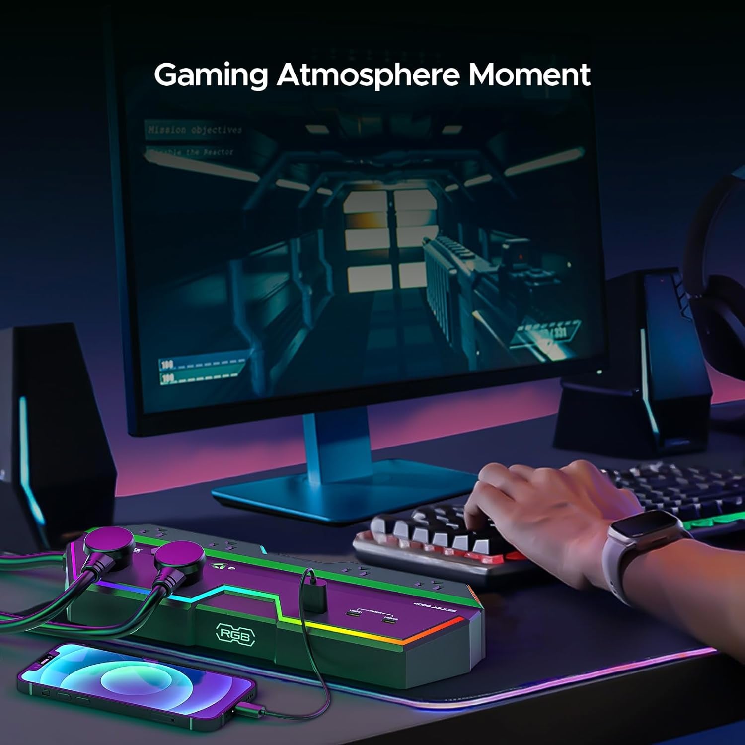 4000J Surge Protector Power Strip with USB Ports | RGB Lighting, PD 20W Fast Charging, 6 Wide-Spaced Outlets, Designed for Gaming PC, E-Sports Setup, Home and Office