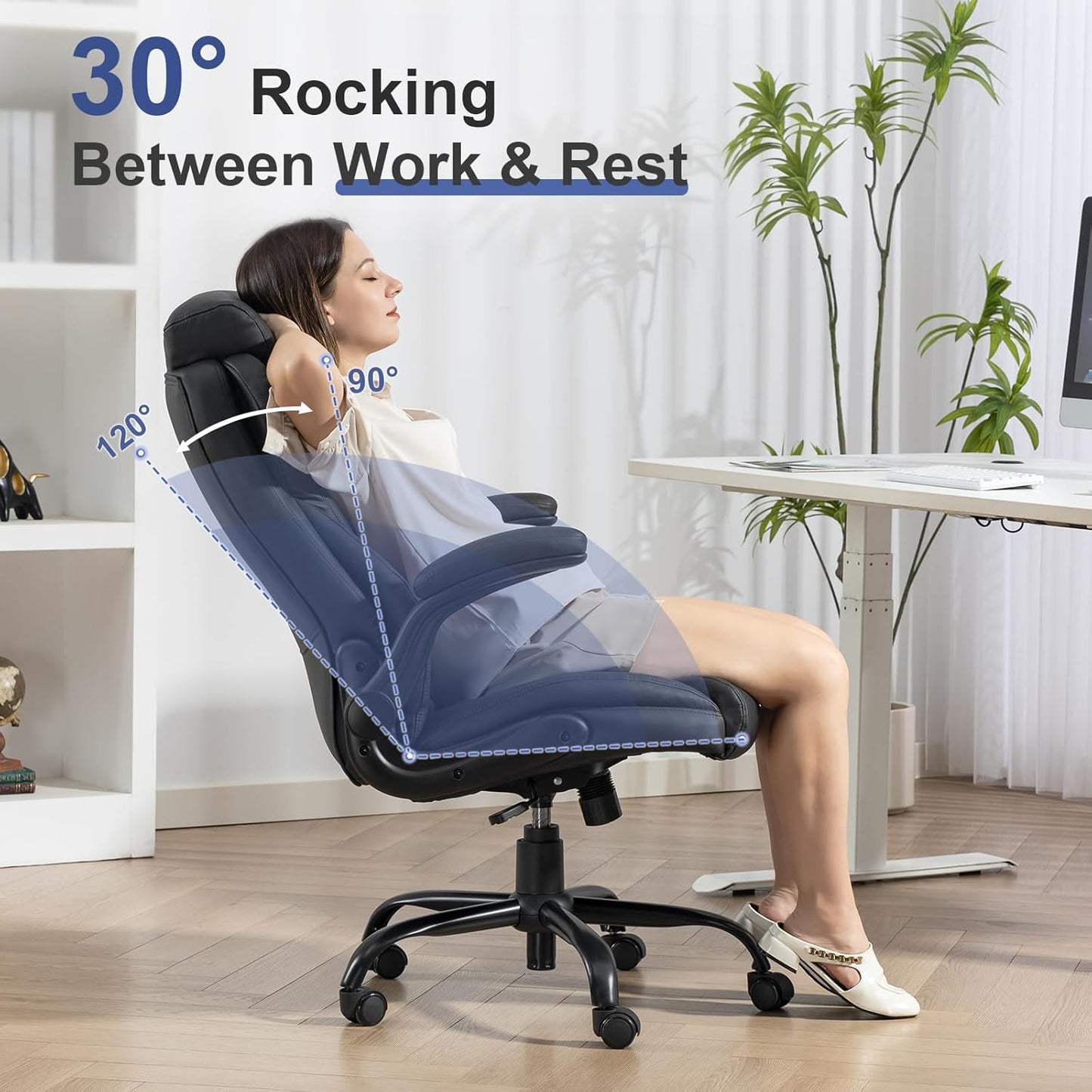Big and Tall Office Chairs 400LBS Heavy Duty High Back Leather | Comfortable Desk Chair with Flip-Up Arms, Swivel Rolling Computer Chair for Heavy People, Black