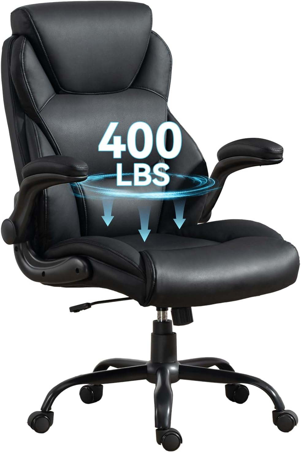 Big and Tall Office Chairs 400LBS Heavy Duty High Back Leather | Comfortable Desk Chair with Flip-Up Arms, Swivel Rolling Computer Chair for Heavy People, Black