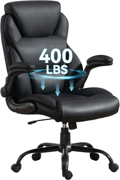 Big and Tall Office Chairs 400LBS Heavy Duty High Back Leather | Comfortable Desk Chair with Flip-Up Arms, Swivel Rolling Computer Chair for Heavy People, Black
