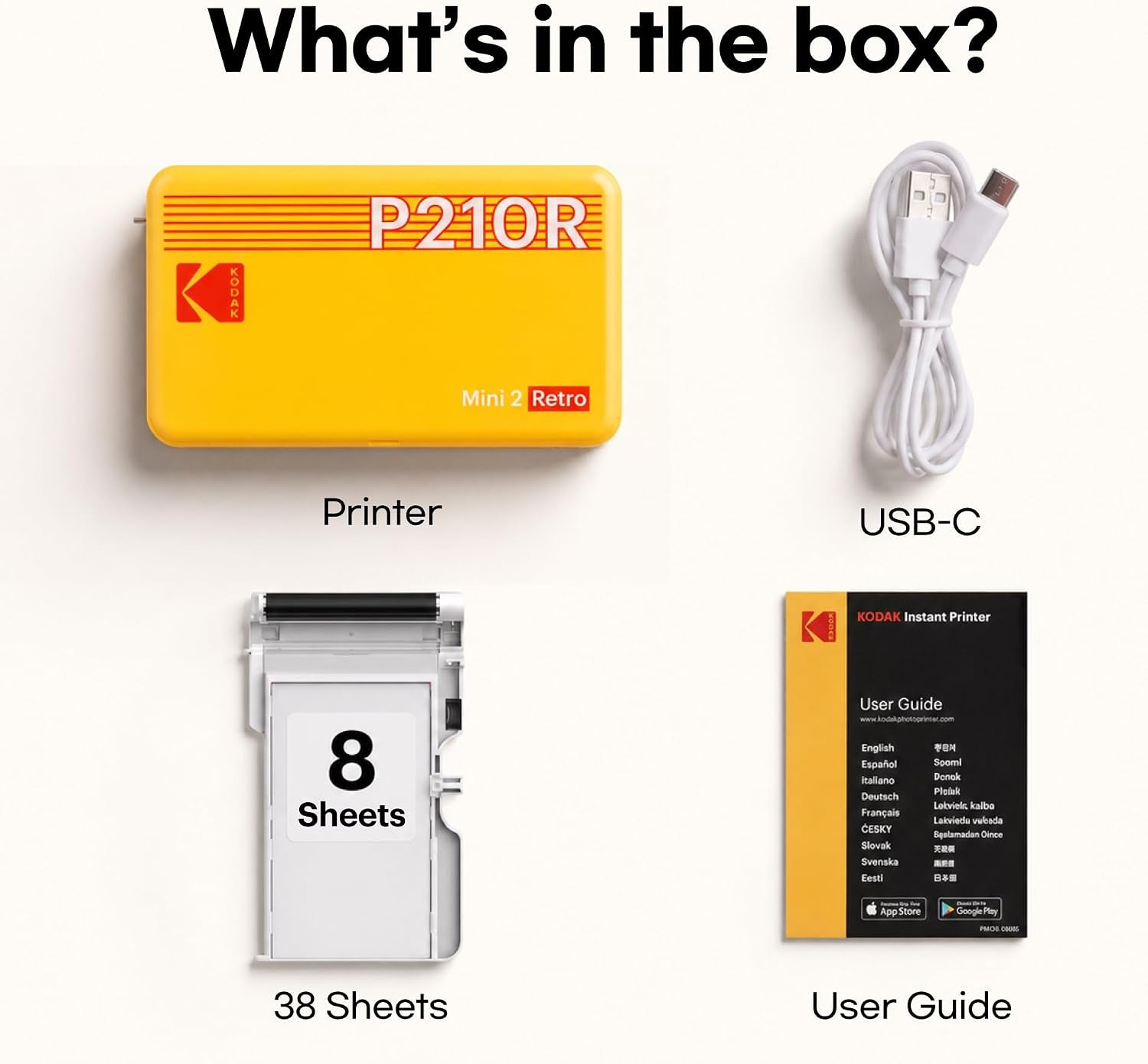 KODAK Mini 2 Retro 2X3 Portable Photo Printer, 4PASS, 8 Sheets, White | Bluetooth, Iphone & Android Smartphone Compatible, Smudge-Proof, Water-Resistant, Fade-Resistant