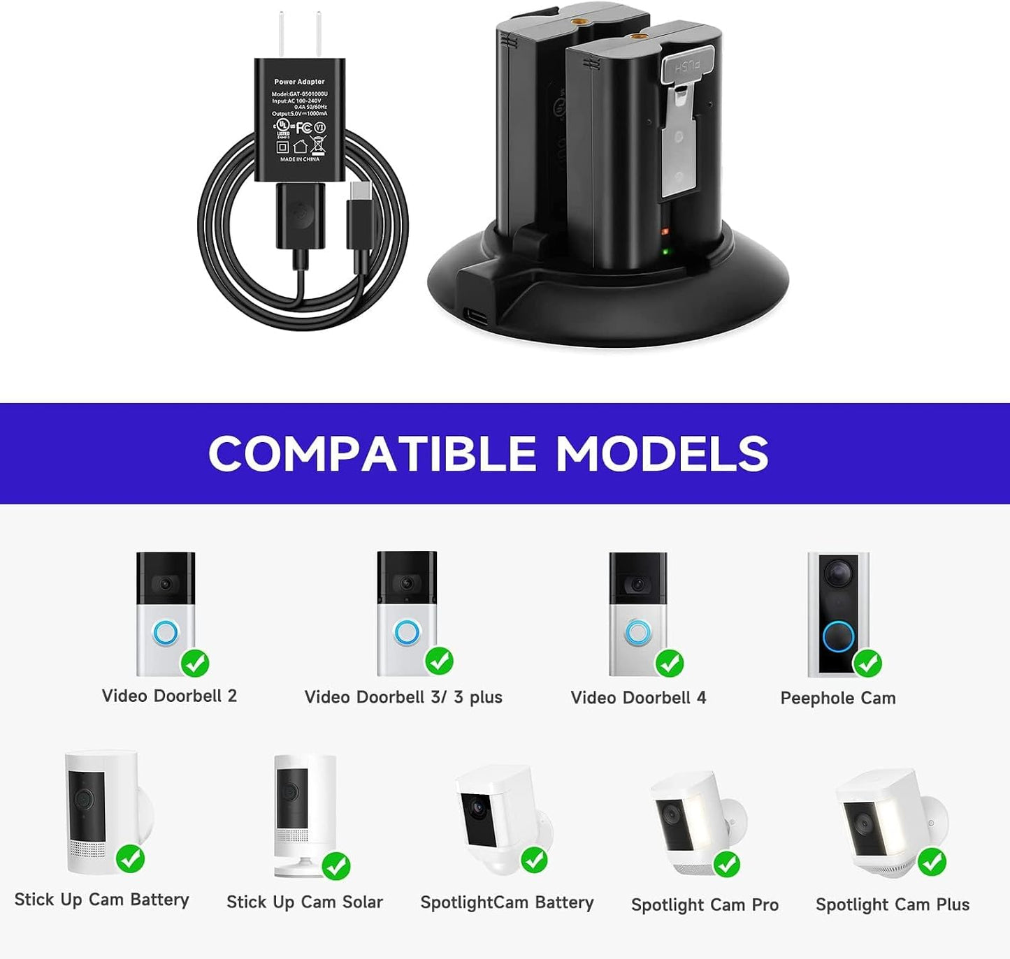 Battery Charger for Ring Rechargeable Batteries, Dual Charging Station with 5V 1A Adapter, Compatible with Ring Doorbell 2/3/4, Spotlight Camera & Stick up Cam, Indoor and Outdoor Use (No Batteries)
