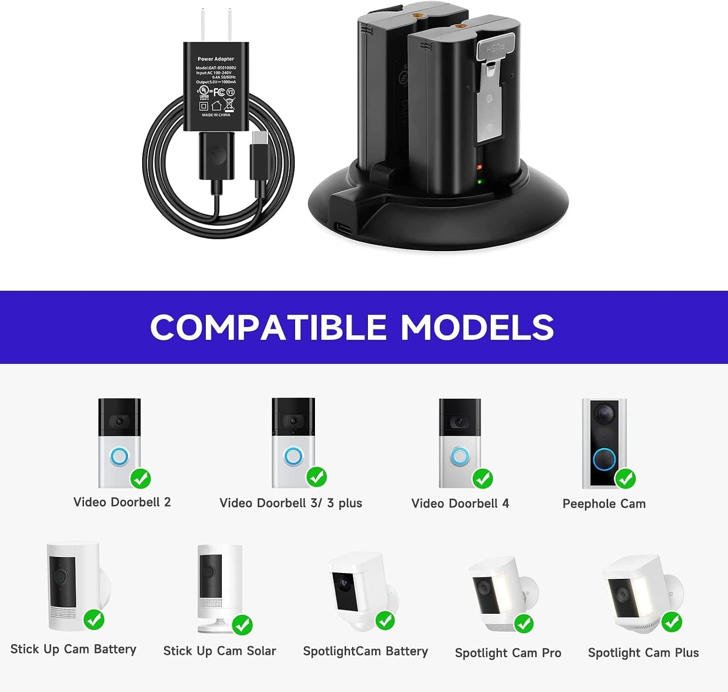 Battery Charger for Ring Rechargeable Batteries, Dual Charging Station with 5V 1A Adapter, Compatible with Ring Doorbell 2/3/4, Spotlight Camera & Stick up Cam, Indoor and Outdoor Use (No Batteries)