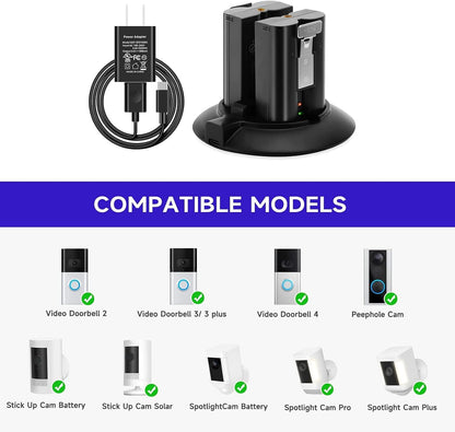 Battery Charger for Ring Rechargeable Batteries, Dual Charging Station with 5V 1A Adapter, Compatible with Ring Doorbell 2/3/4, Spotlight Camera & Stick up Cam, Indoor and Outdoor Use (No Batteries)