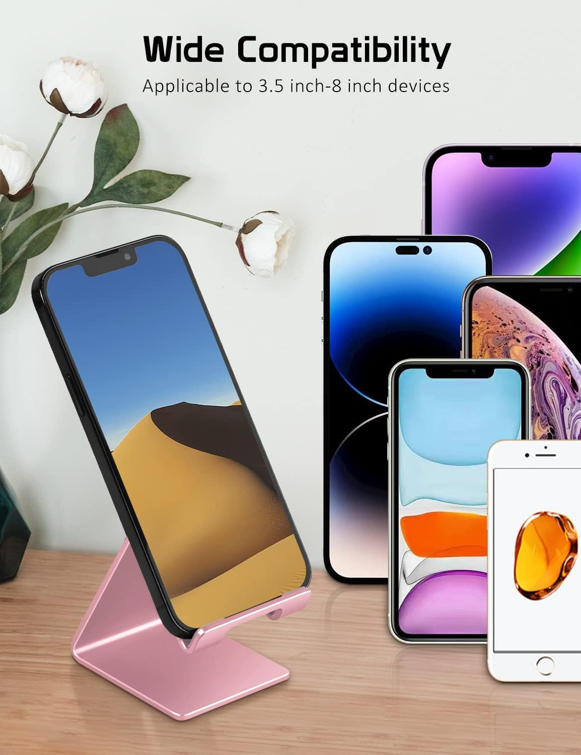 Phone Stand, Aluminum Phone Holder for Iphone 17 16 15 14 13 12 11 X 8 7 6 plus 5, Samsung, Suitable for All Smartphones, Adding a Touch of Style to Your Office Decor, Rose Gold