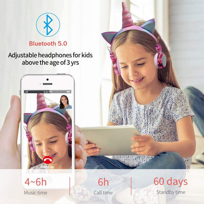 Sparkly Unicorn Kids Bluetooth Headphones, 85Db Volume Limit | Wireless Headset with Mic, 3.5Mm Wired Mode, Adjustable Headband, Fast Charging, Foldable Design for School, Tablet, Travel