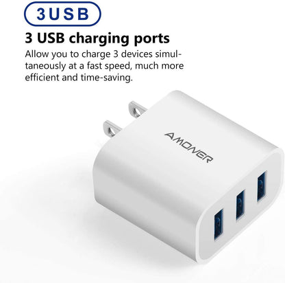 USB Wall Charger,  2Pack 15W 3-Port USB Charger Block Iphone Cube Charging Blocks for Iphone 14/13/12/11/X/XR/X/8/7/6, Galaxy, Android Phones and More | Fits Iphone 16/15/14/13/12/11/X/8, Galaxy, Android&Ipad Smart IC Fast Charge, 3 USB Ports for Home, Office & Travel