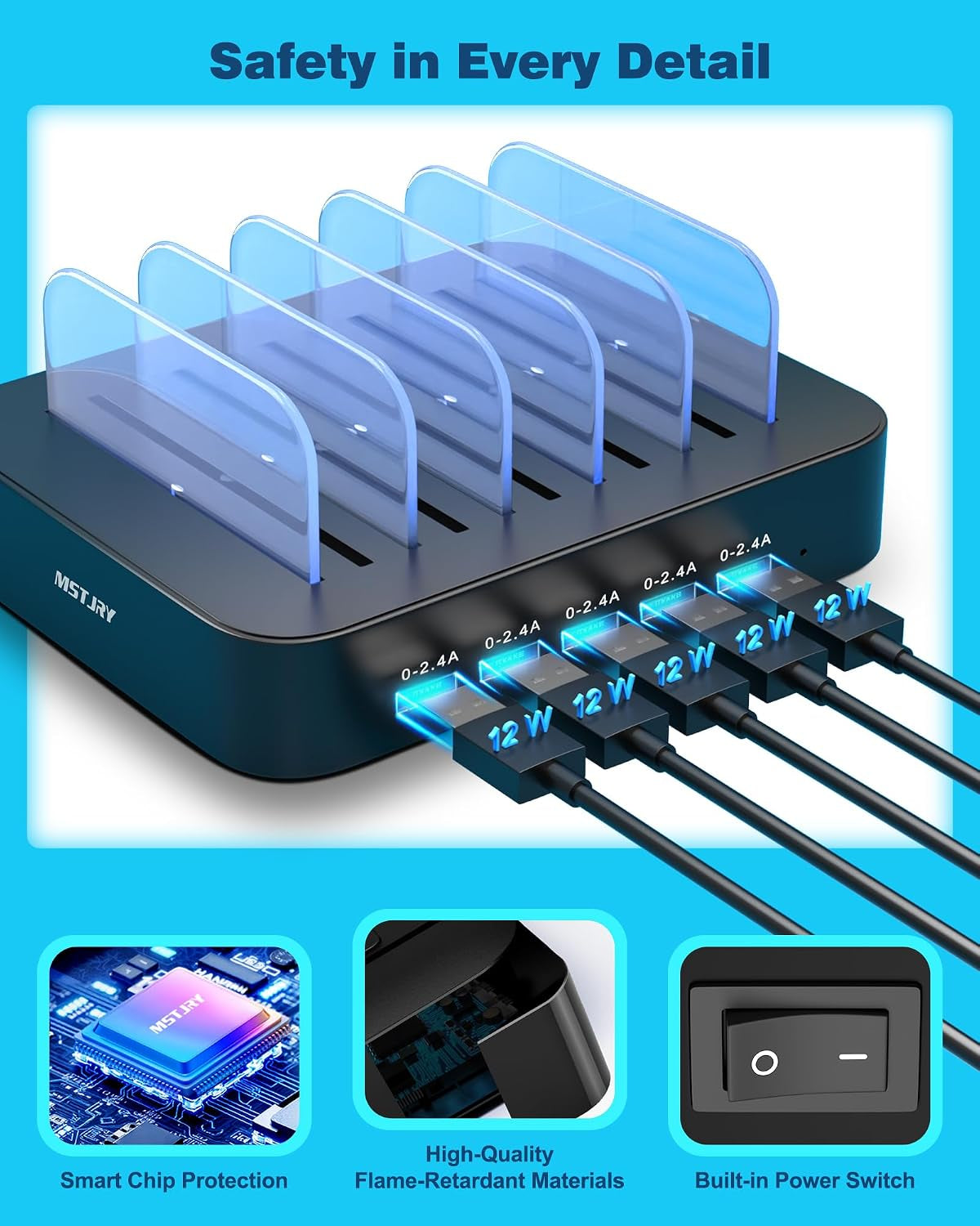 Charging Station for Multiple Devices : 5 Port Multi USB-A Charger Stations Multi-Device Organizer Charging Dock Designed for Iphone Ipad Cell Phone Tablets (7 Short Cables Included), Black