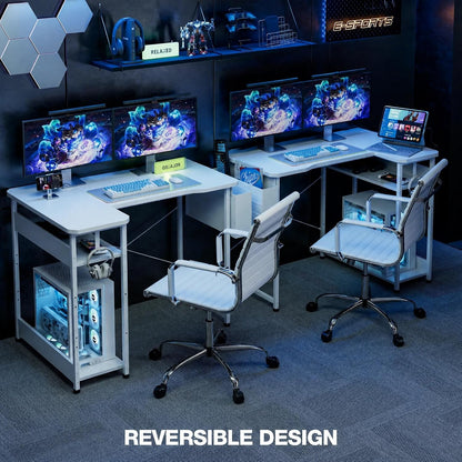 L Shaped Gaming Desk 48 Inch - Computer Corner Desk with Power Outlets, Reversible Shelves & Storage Bag for Home Office, PC Gaming Table, White Carbon