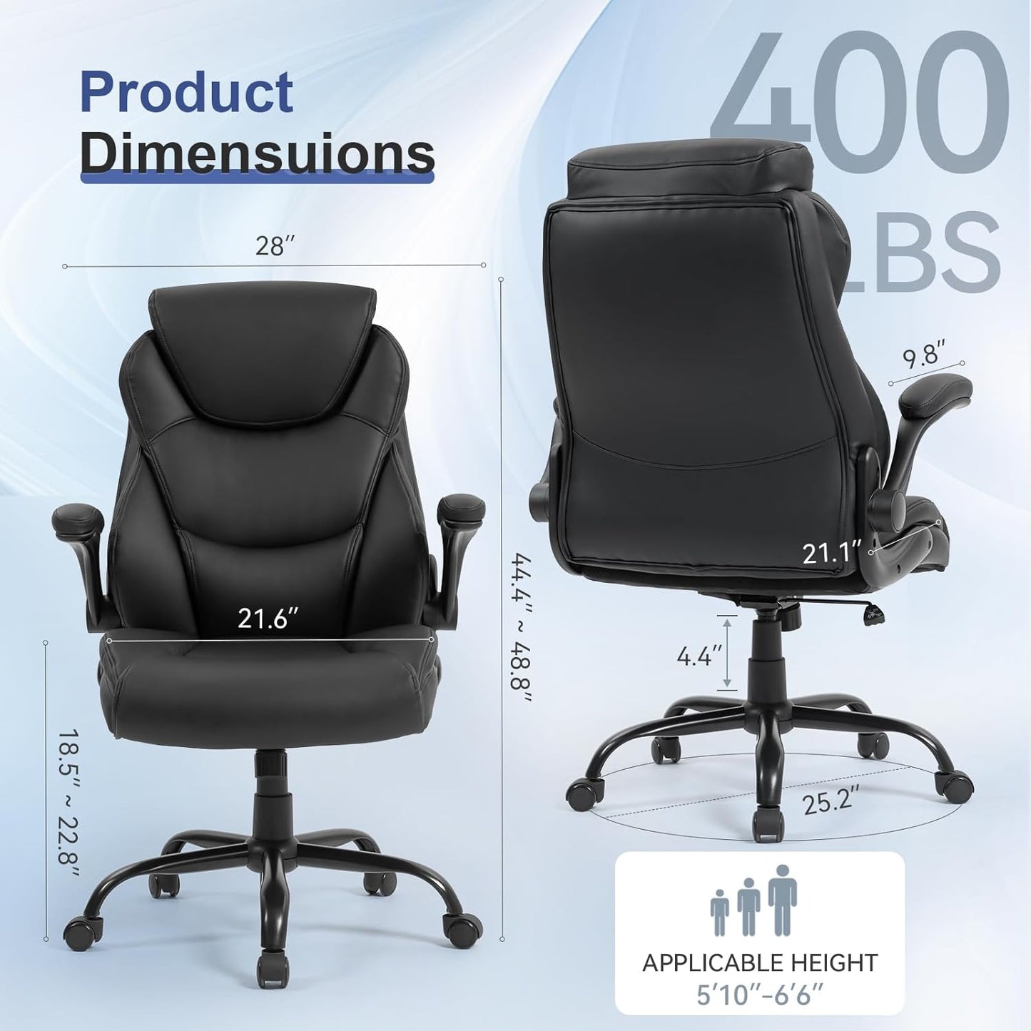 Big and Tall Office Chairs 400LBS Heavy Duty High Back Leather | Comfortable Desk Chair with Flip-Up Arms, Swivel Rolling Computer Chair for Heavy People, Black