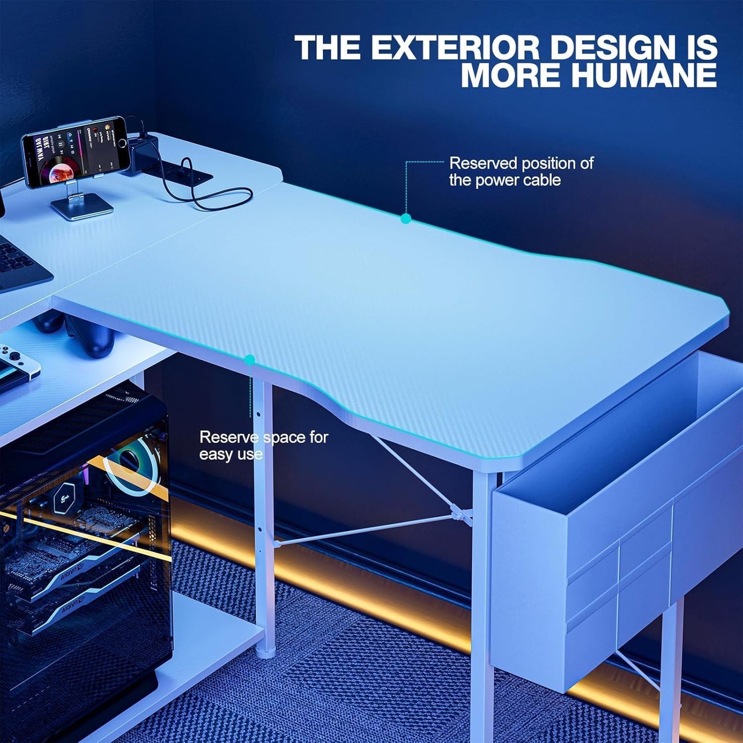 L Shaped Gaming Desk 48 Inch - Computer Corner Desk with Power Outlets, Reversible Shelves & Storage Bag for Home Office, PC Gaming Table, White Carbon