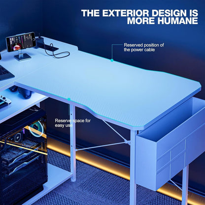 L Shaped Gaming Desk 48 Inch - Computer Corner Desk with Power Outlets, Reversible Shelves & Storage Bag for Home Office, PC Gaming Table, White Carbon