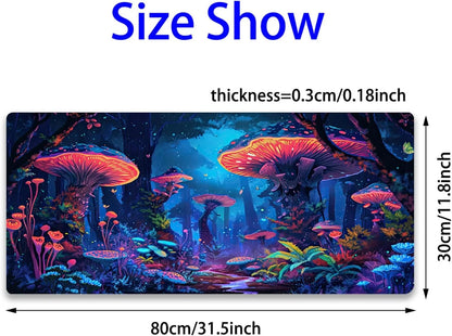 Fantasy Mushroom Mouse Pad, Blacklight Gaming Forest Waterproof Extended Large Desk Pad UV Long Computer Keyboard Big Mouse Mat with 3Mm Non-Slip Rubber Base for Office Home - 31.5" X 11.8"