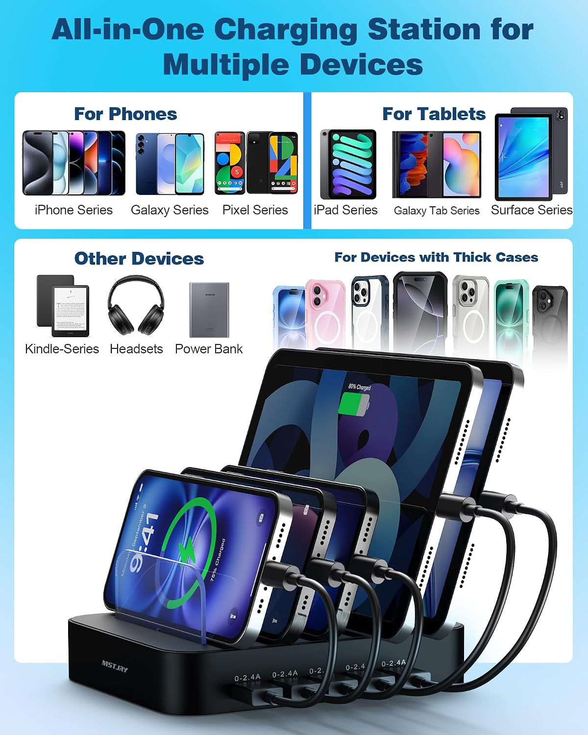 Charging Station for Multiple Devices : 5 Port Multi USB-A Charger Stations Multi-Device Organizer Charging Dock Designed for Iphone Ipad Cell Phone Tablets (7 Short Cables Included), Black