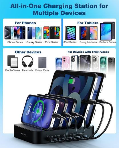 Charging Station for Multiple Devices : 5 Port Multi USB-A Charger Stations Multi-Device Organizer Charging Dock Designed for Iphone Ipad Cell Phone Tablets (7 Short Cables Included), Black