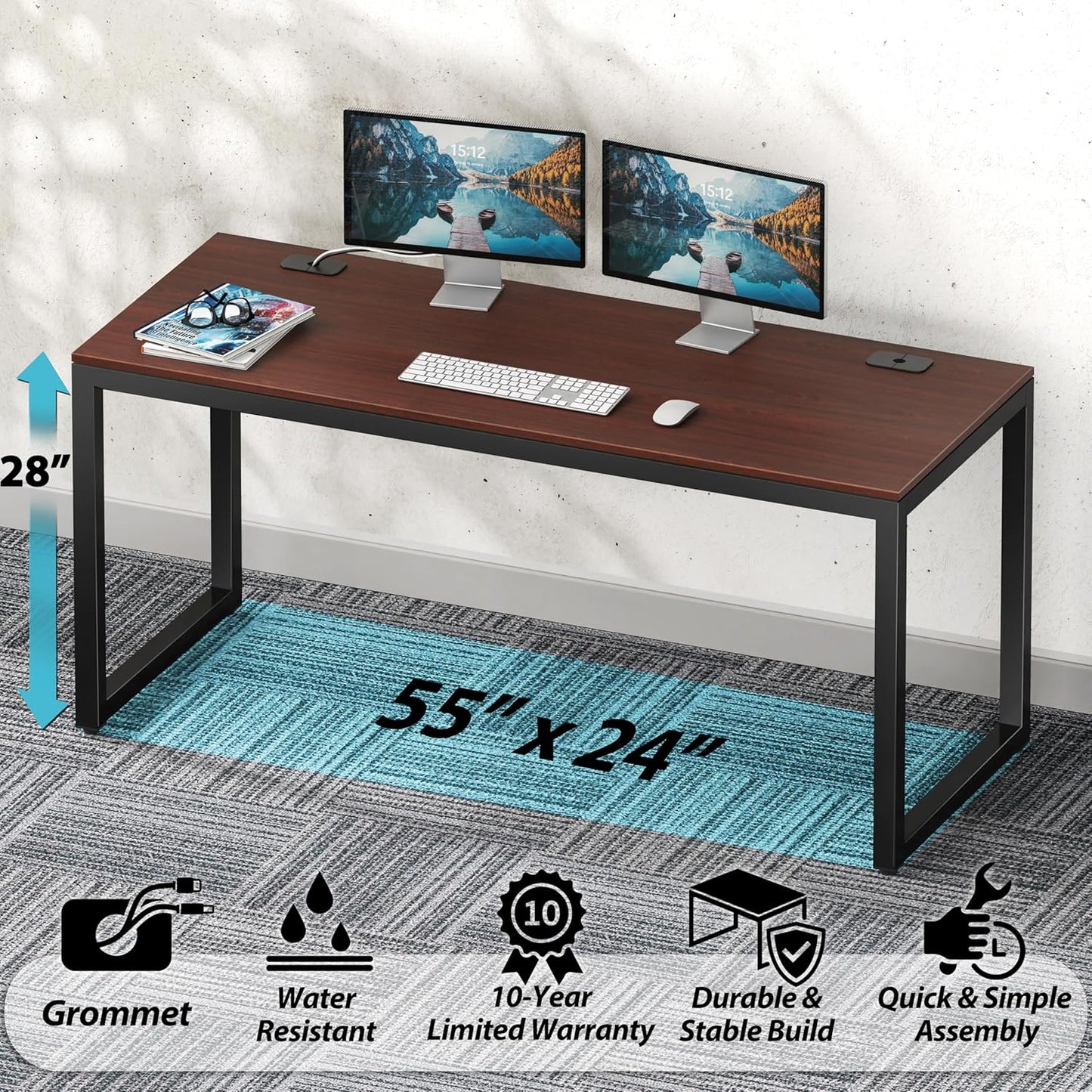 55-Inch Commercial-Grade Office Computer Desk, Cherry | 10-Year Limited Warranty