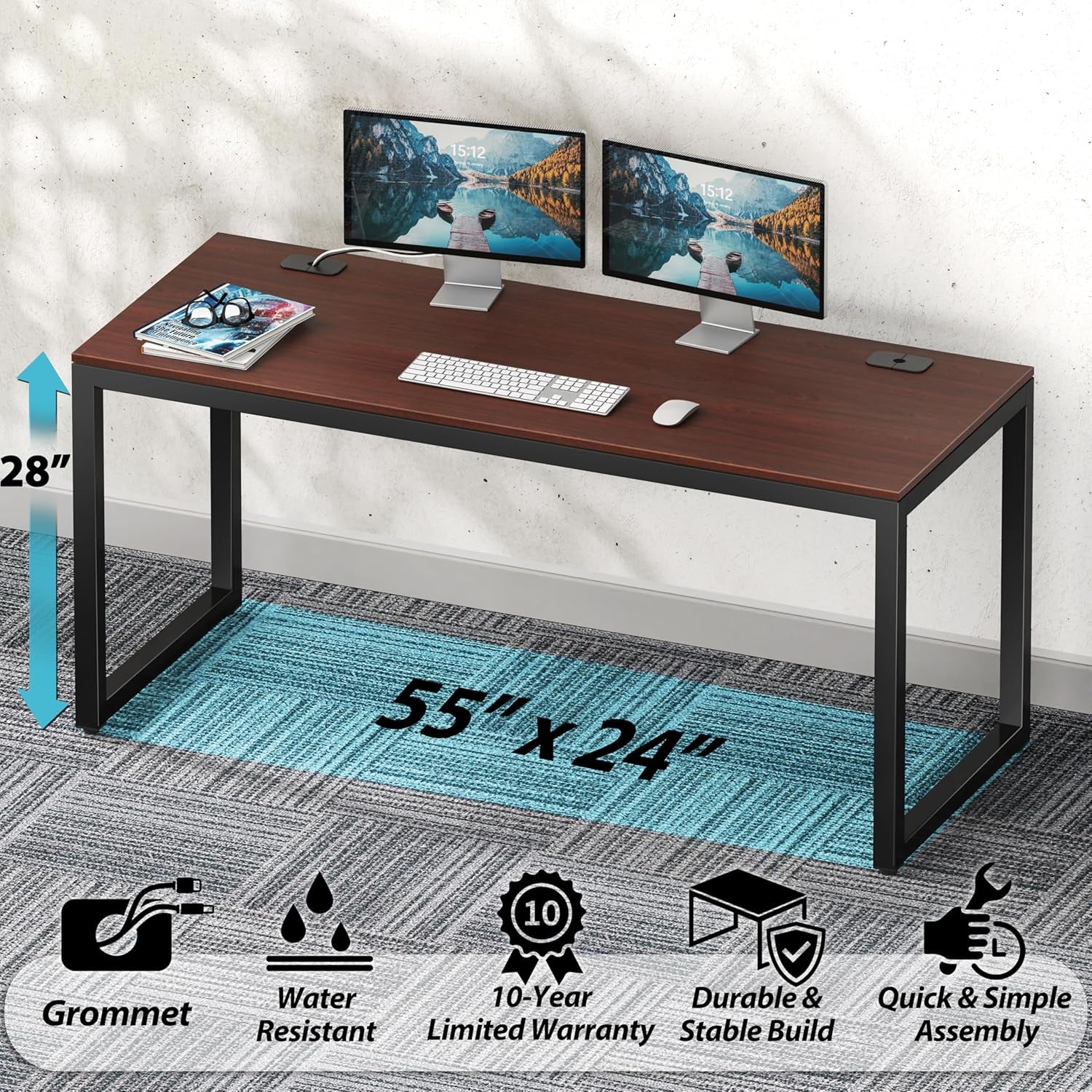 55-Inch Commercial-Grade Office Computer Desk, Cherry | 10-Year Limited Warranty