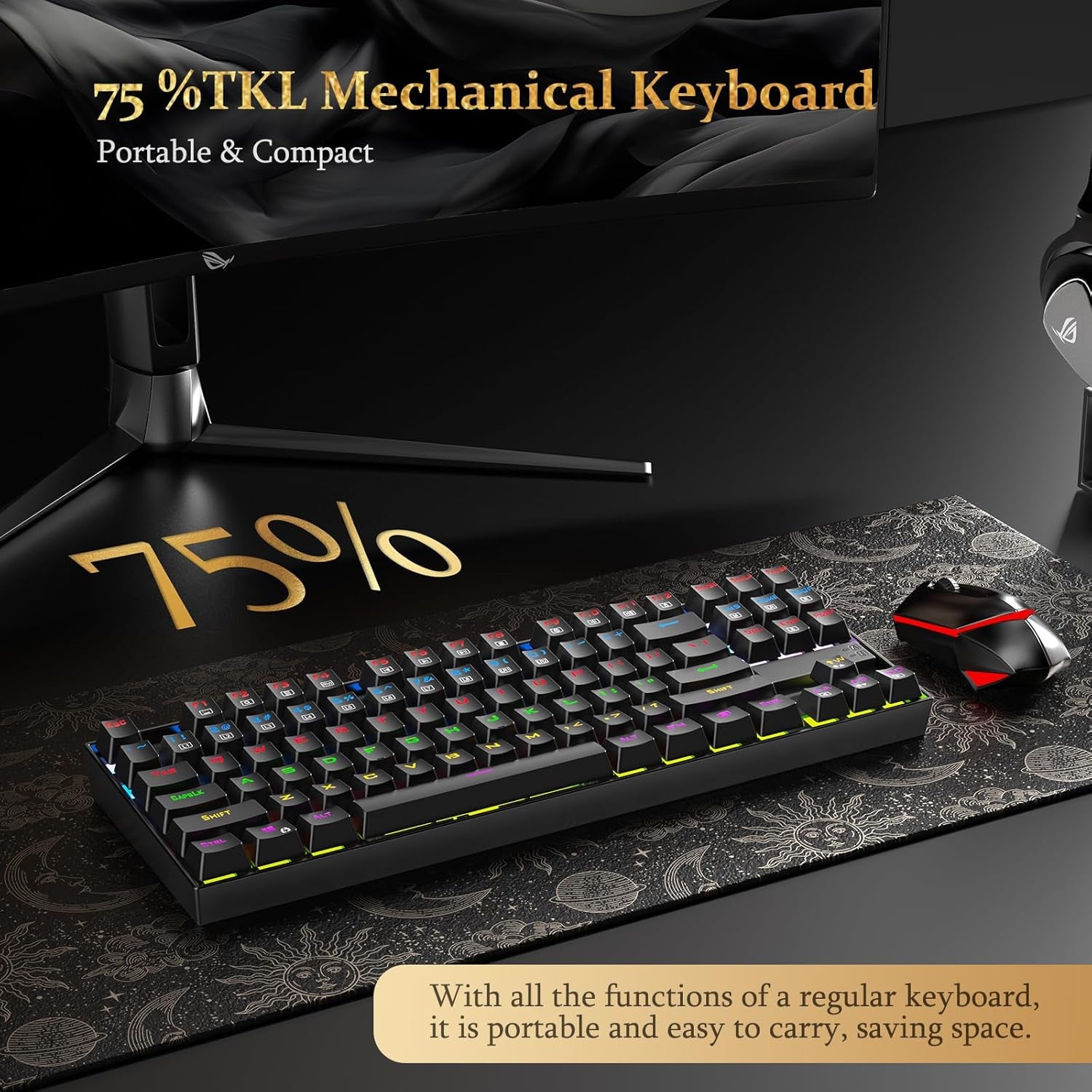 K552 Mechanical Gaming Keyboard, 87-Key Compact, LED Gaming Keyboard with Red Switches, Anti-Ghosting, Metal Frame for PC Gaming & Typing, Beginner-Friendly (Black)