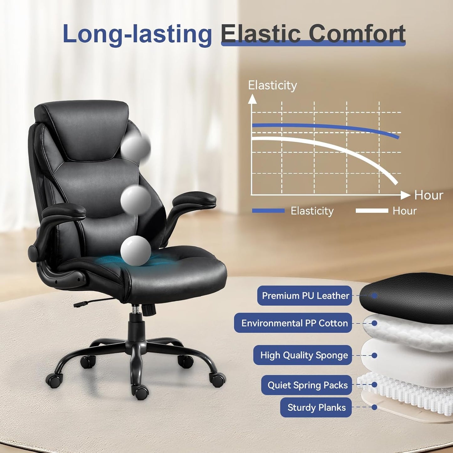 Big and Tall Office Chairs 400LBS Heavy Duty High Back Leather | Comfortable Desk Chair with Flip-Up Arms, Swivel Rolling Computer Chair for Heavy People, Black