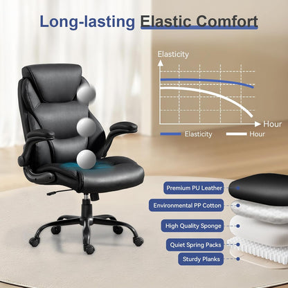 Big and Tall Office Chairs 400LBS Heavy Duty High Back Leather | Comfortable Desk Chair with Flip-Up Arms, Swivel Rolling Computer Chair for Heavy People, Black
