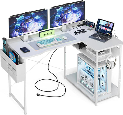 L Shaped Gaming Desk 48 Inch - Computer Corner Desk with Power Outlets, Reversible Shelves & Storage Bag for Home Office, PC Gaming Table, White Carbon