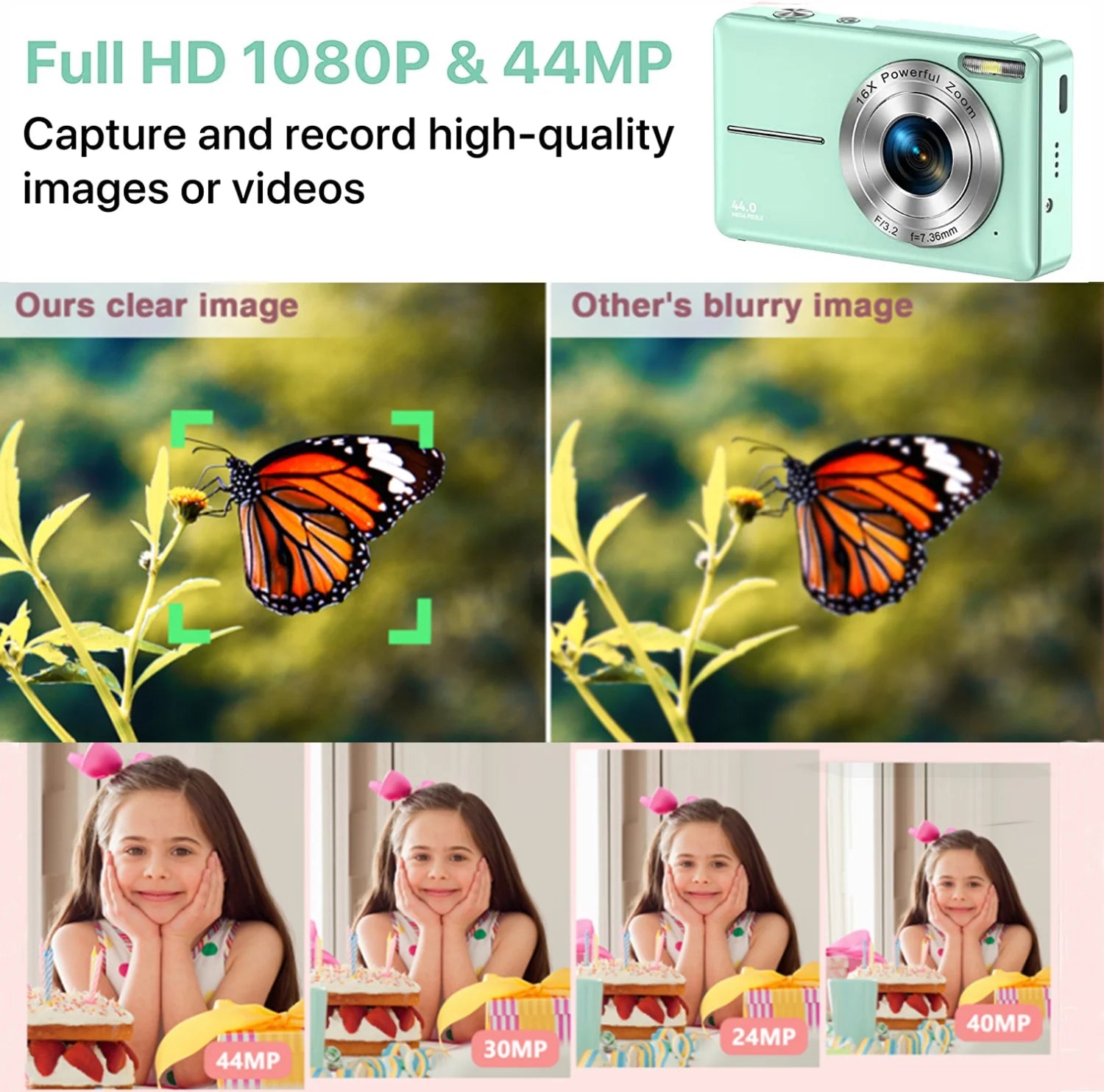1080P Digital Camera 16X Digital Zoom Compact Point and Shoot Camera Portable Small Camera Starter Camera with 32GB Card for Teens Students Boys Girls Seniors(Green)