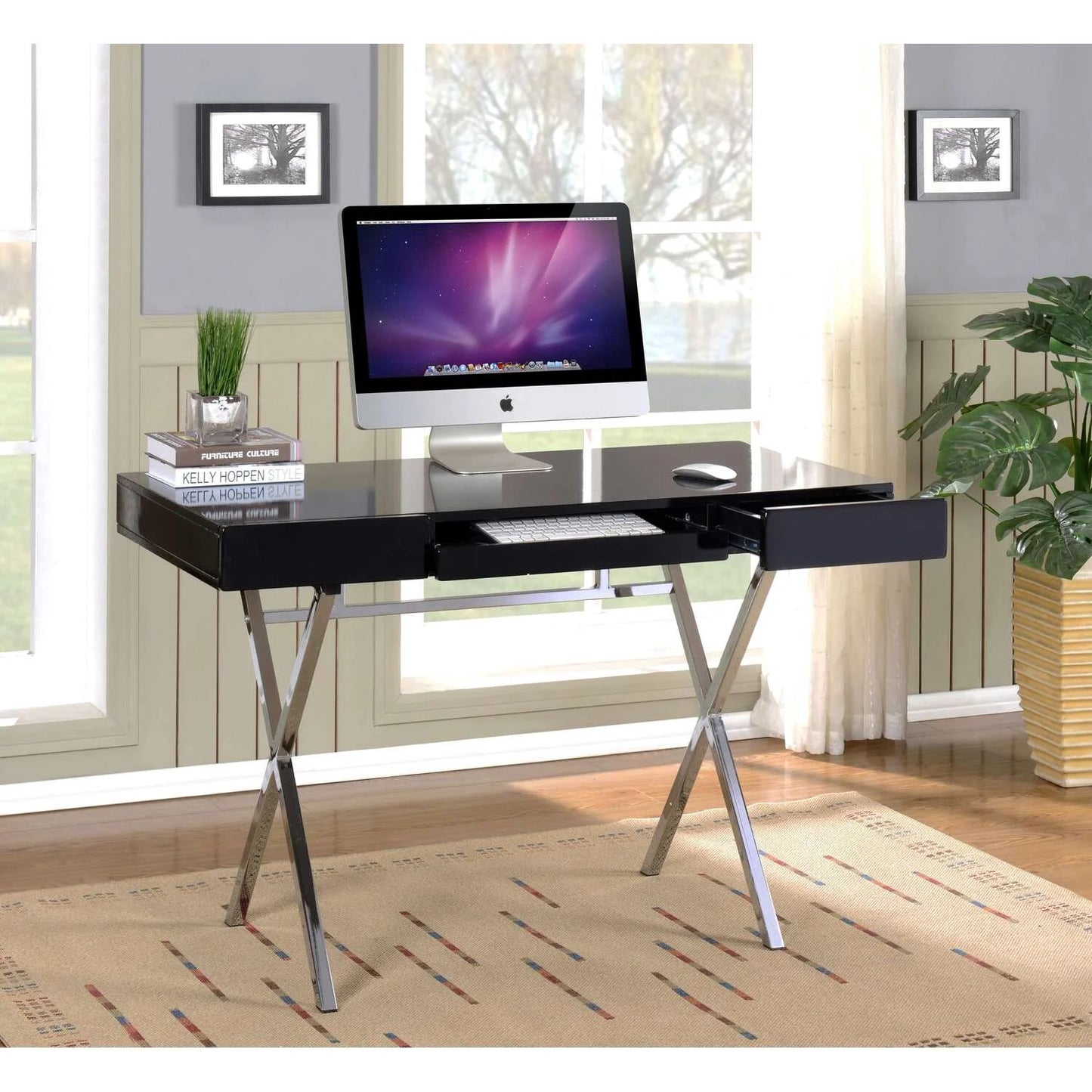 Computer X Desk Black Gloss Modern Rectangle