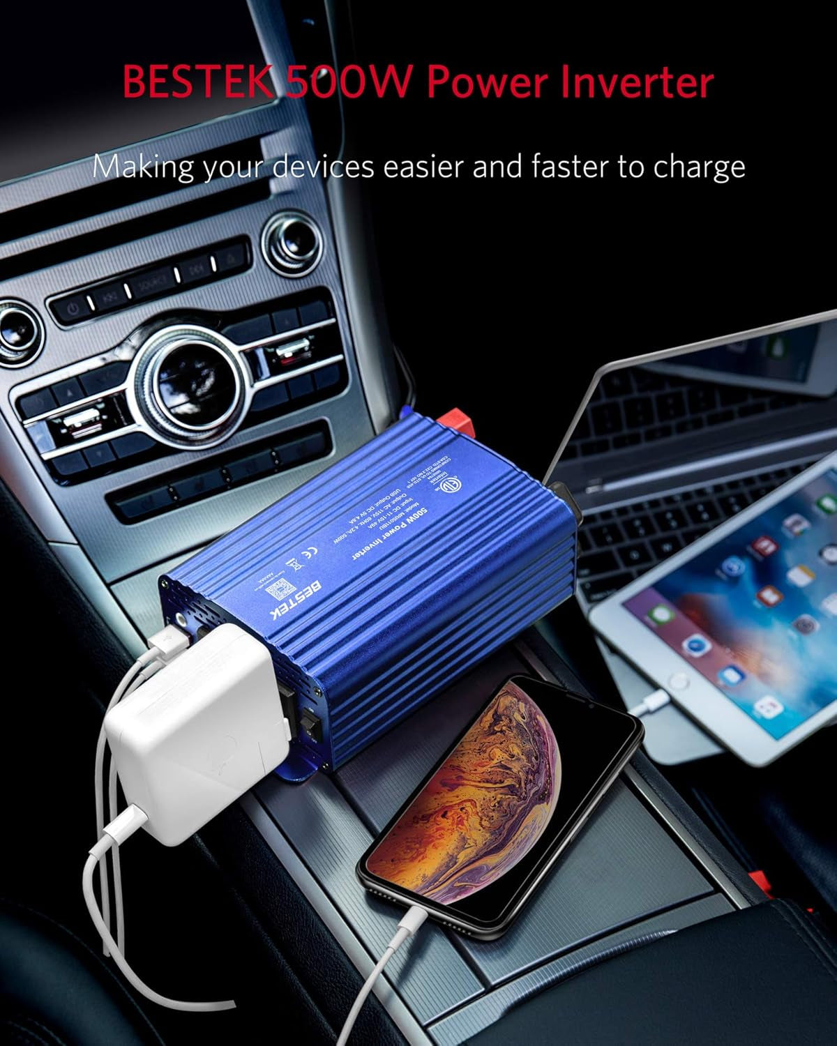 500W Power Inverter for Vehicles DC 12V to AC 110V Car Plug Adapter | 4.8A Dual USB Ports, Dual AC Outlets, Alligator Battery Clamp, Car Charger Adapter for Phone/Laptop/Road Trip