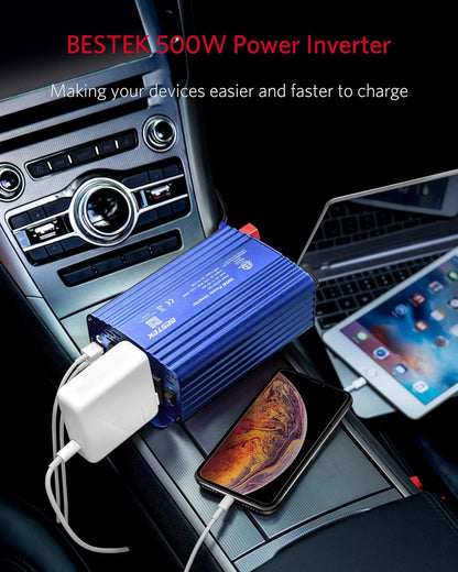 500W Power Inverter for Vehicles DC 12V to AC 110V Car Plug Adapter | 4.8A Dual USB Ports, Dual AC Outlets, Alligator Battery Clamp, Car Charger Adapter for Phone/Laptop/Road Trip