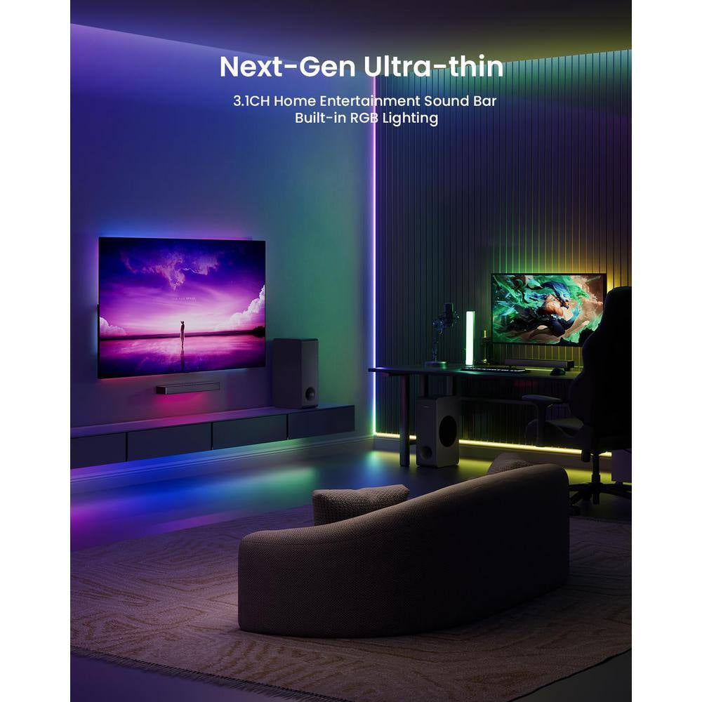 BT 5.3 Sound Bar Sound System with Subwoofer, RGB Light, Audio Sync Surround, HD-ARC/AUX/USB for Smart TV 3. 1CH/PC