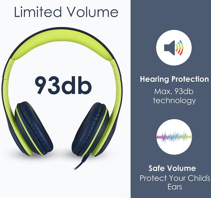Kids Headphones Volume Limited over Ear Headphones for Kids Foldable Headphones for Children Boys Girls Toddler Ideal for Tablet, Smartphone, Laptop Headset for School, Travel (Lime)