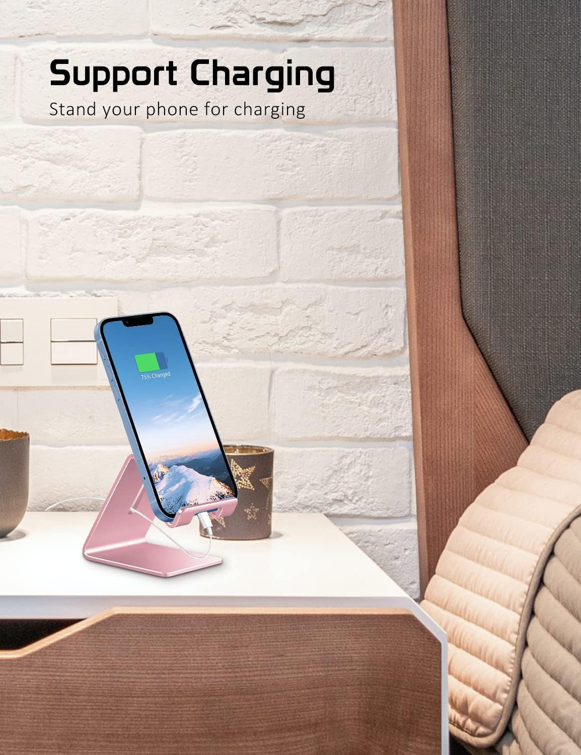 Phone Stand, Aluminum Phone Holder for Iphone 17 16 15 14 13 12 11 X 8 7 6 plus 5, Samsung, Suitable for All Smartphones, Adding a Touch of Style to Your Office Decor, Rose Gold