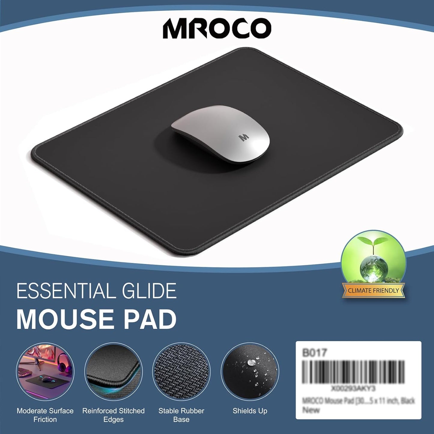 Essential Office & Gaming Mouse Pad, 30% Larger, 8.5” X 11” In, Black | Anti-Fray Stitched Edges, Premium Textured Surface, Non-Slip Rubber Base, Water and Stain Resistant Protection
