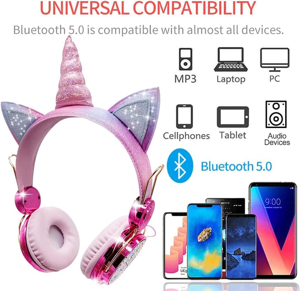 Sparkly Unicorn Kids Bluetooth Headphones, 85Db Volume Limit | Wireless Headset with Mic, 3.5Mm Wired Mode, Adjustable Headband, Fast Charging, Foldable Design for School, Tablet, Travel