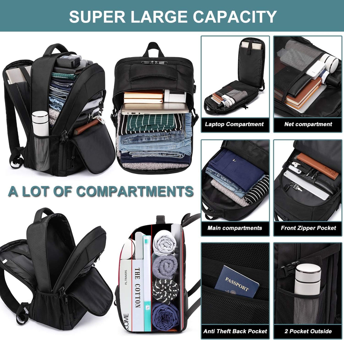 Extra Large Backpack for Men 50L,Water Resistant 17.3 Inch Travel Laptop Backpack with USB Charging Port,Tsa Friendly Big Business anti Theft Computer Bag Work College School Bookbags Gifts,Black