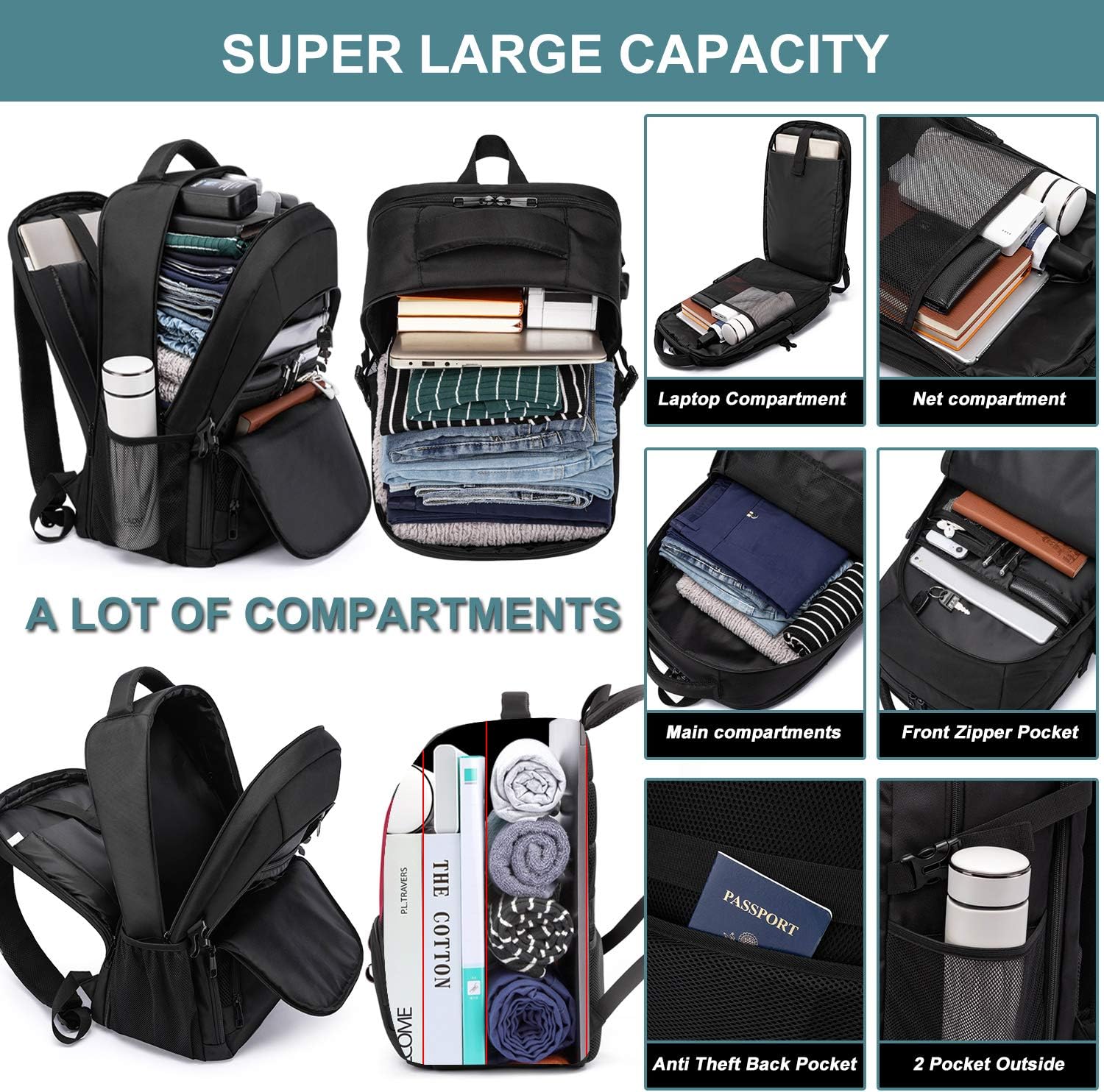 Extra Large Backpack for Men 50L,Water Resistant 17.3 Inch Travel Laptop Backpack with USB Charging Port,Tsa Friendly Big Business anti Theft Computer Bag Work College School Bookbags Gifts,Black