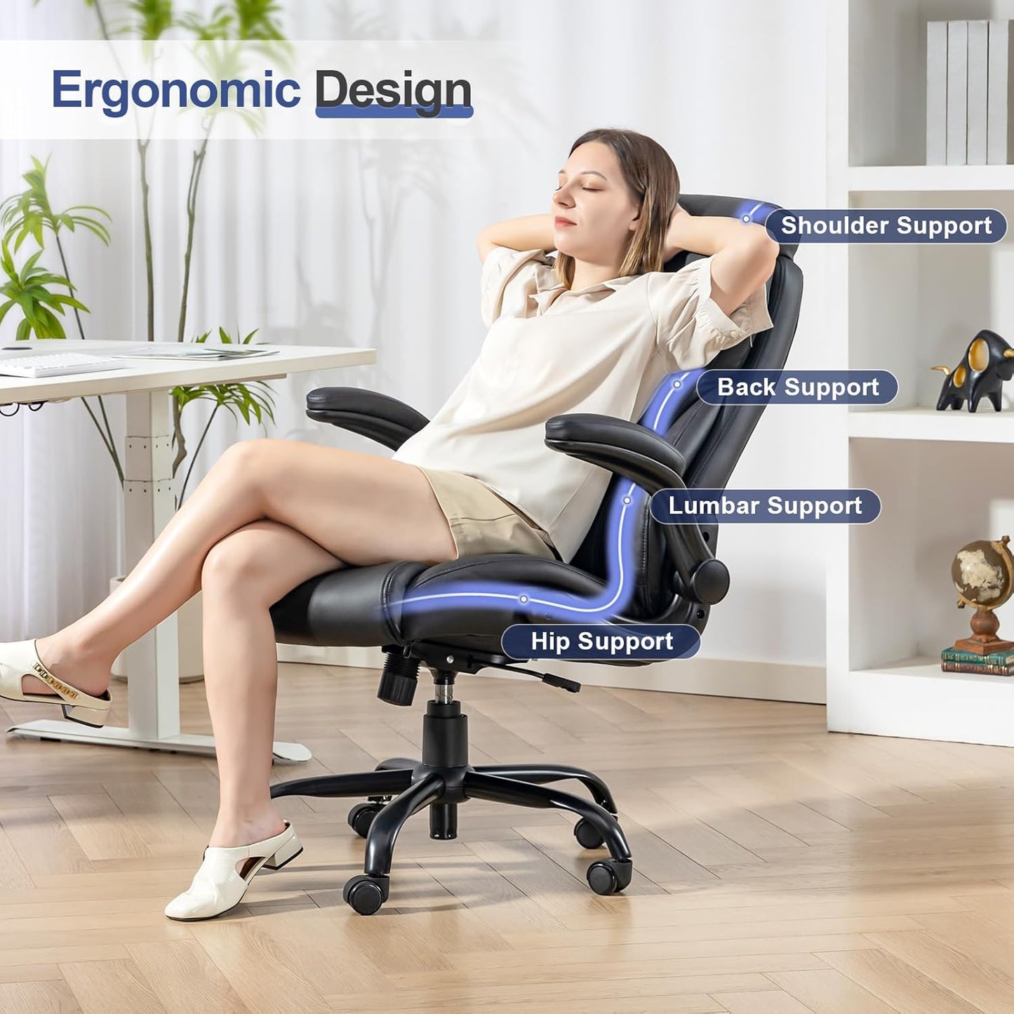 Big and Tall Office Chairs 400LBS Heavy Duty High Back Leather | Comfortable Desk Chair with Flip-Up Arms, Swivel Rolling Computer Chair for Heavy People, Black