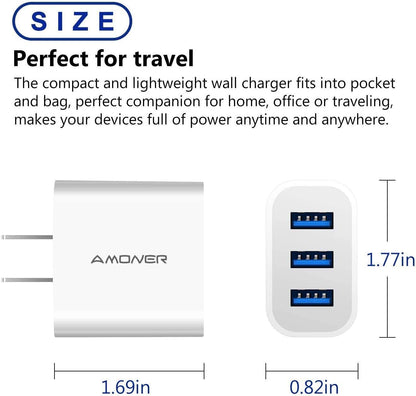 USB Wall Charger,  2Pack 15W 3-Port USB Charger Block Iphone Cube Charging Blocks for Iphone 14/13/12/11/X/XR/X/8/7/6, Galaxy, Android Phones and More | Fits Iphone 16/15/14/13/12/11/X/8, Galaxy, Android&Ipad Smart IC Fast Charge, 3 USB Ports for Home, Office & Travel