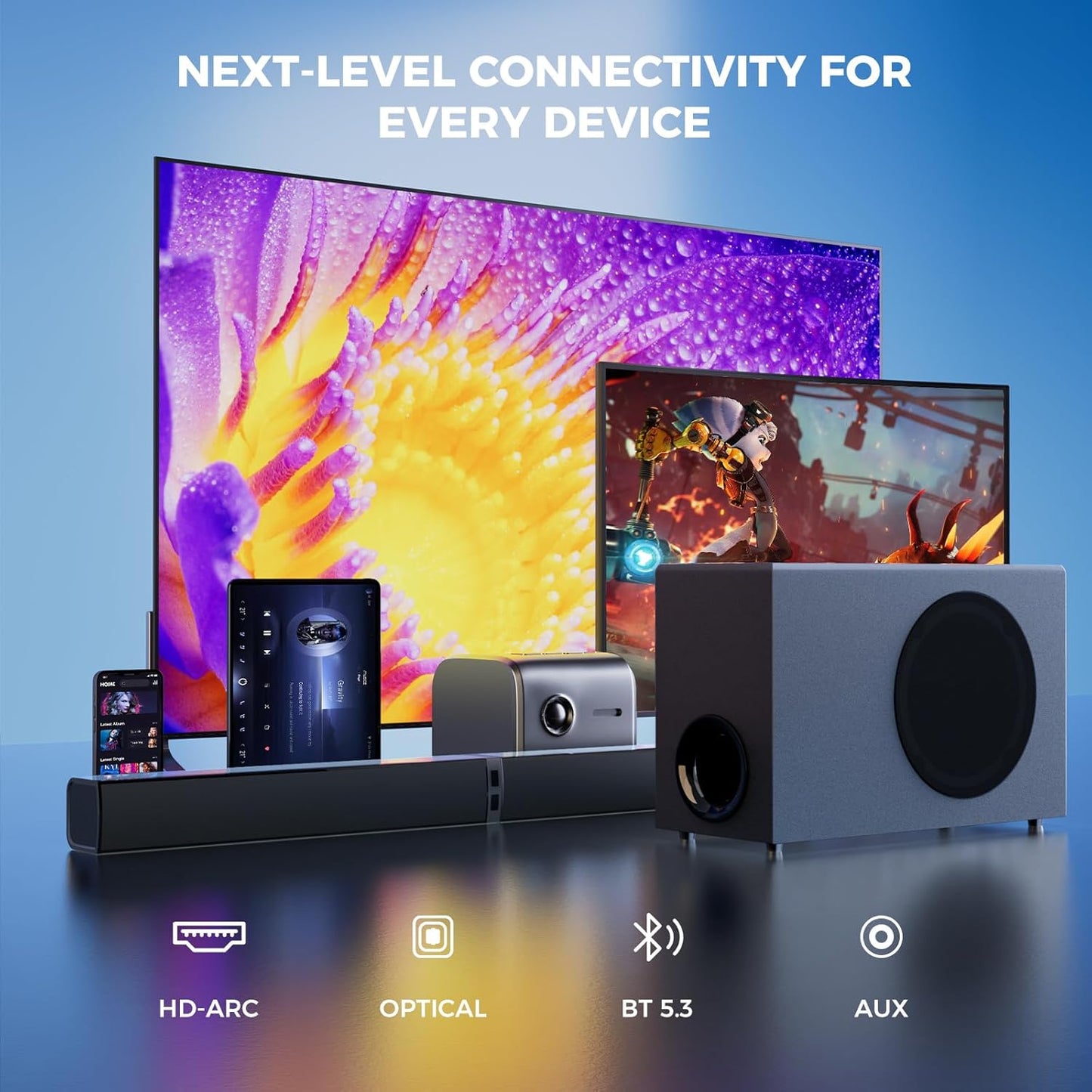 Sound Bar with Subwoofer,120W Soundbar for Smart TV Surround Sound Home Theater System Bluetooth 5.3 Audio Compatible with ARC, AUX, Optical