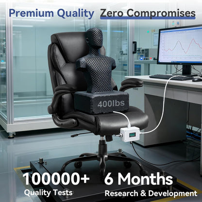 Big and Tall Office Chairs 400LBS Heavy Duty High Back Leather | Comfortable Desk Chair with Flip-Up Arms, Swivel Rolling Computer Chair for Heavy People, Black