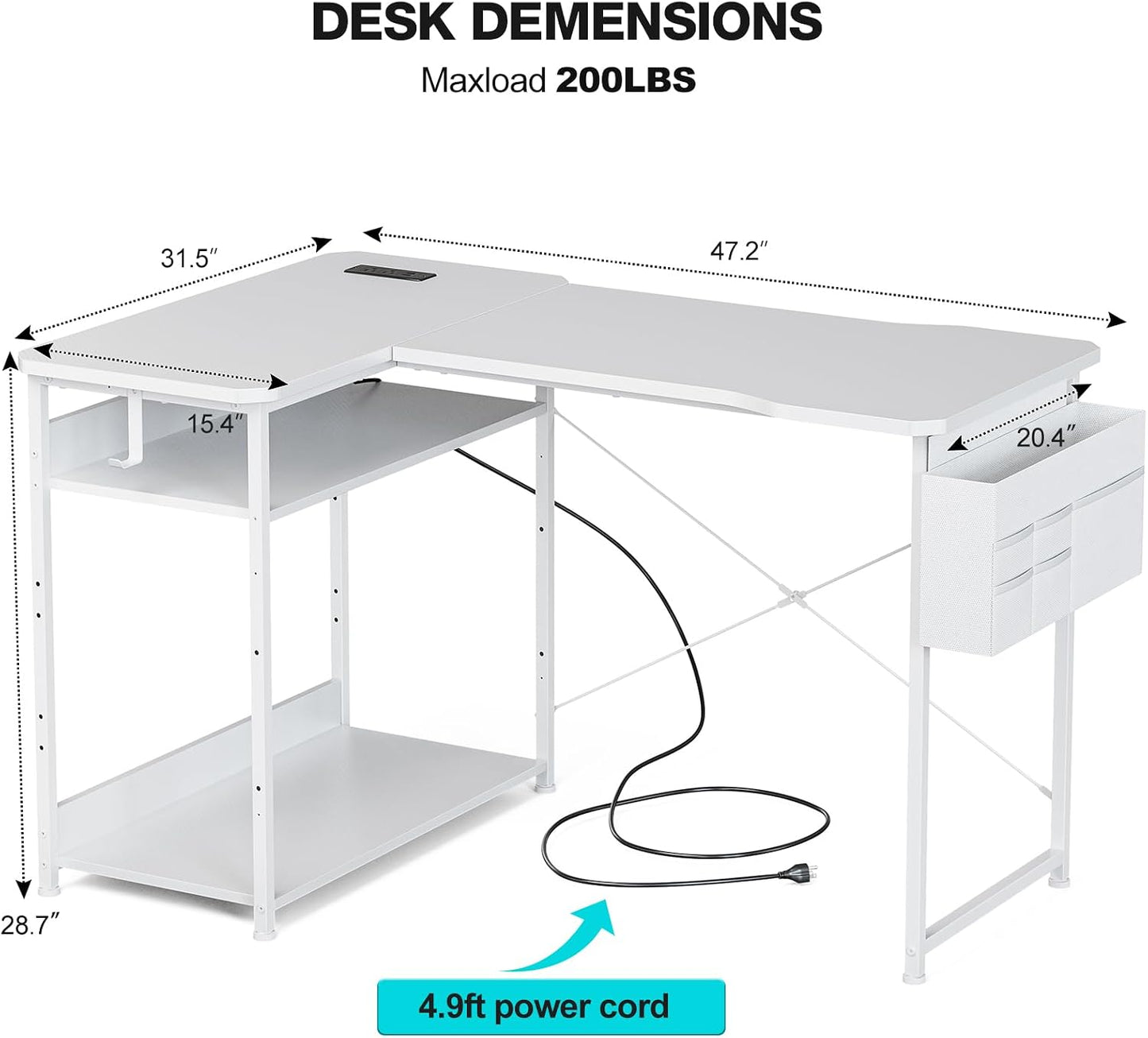 L Shaped Gaming Desk 48 Inch - Computer Corner Desk with Power Outlets, Reversible Shelves & Storage Bag for Home Office, PC Gaming Table, White Carbon