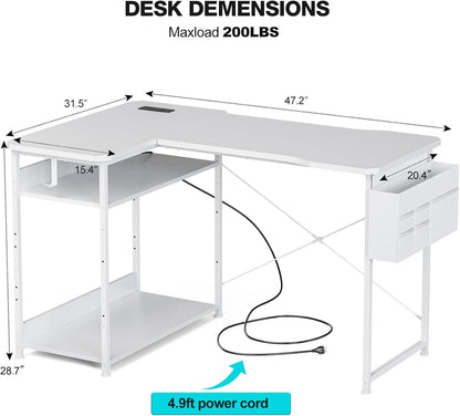 L Shaped Gaming Desk 48 Inch - Computer Corner Desk with Power Outlets, Reversible Shelves & Storage Bag for Home Office, PC Gaming Table, White Carbon