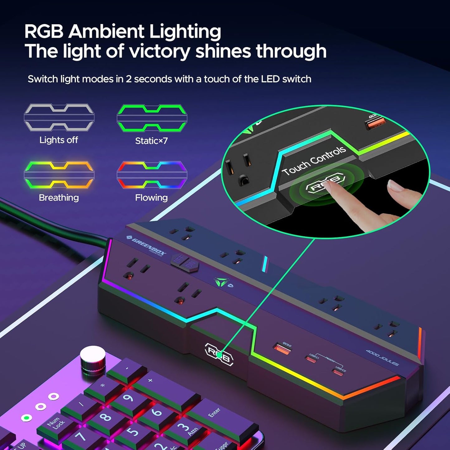 4000J Surge Protector Power Strip with USB Ports | RGB Lighting, PD 20W Fast Charging, 6 Wide-Spaced Outlets, Designed for Gaming PC, E-Sports Setup, Home and Office